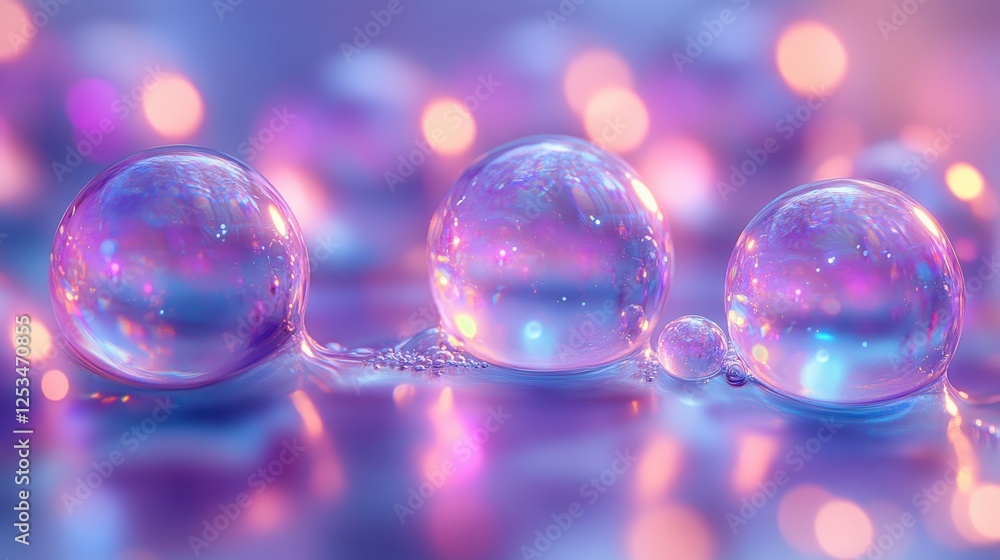 Poster three bubbles floating on blue background with bokeh orbs in pastel tones and shimmering effect