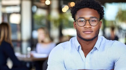 Fototapeta premium Career Advice style. Young man with glasses posing confidently in a café setting.