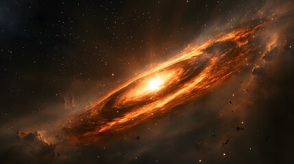 Fototapeta premium Fiery Cosmic Nebula Orange Spiral Galaxy Starry Night Space Background