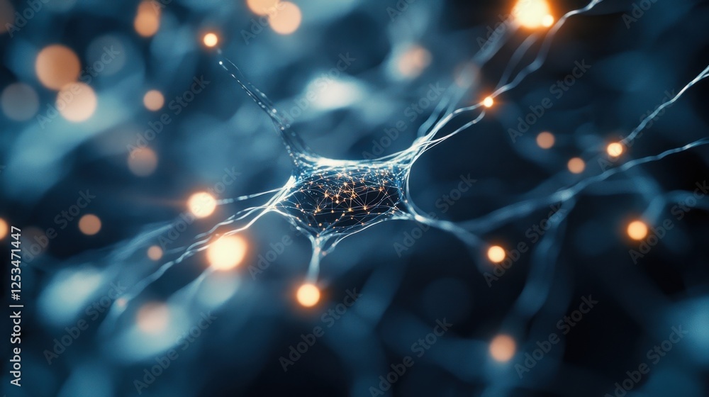 Poster abstract representation of a neural network, showcasing interconnected nodes and glowing points of l