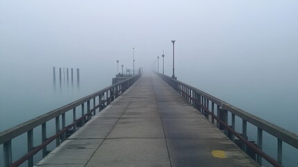 Obraz premium Foggy pier extends into a misty sea.