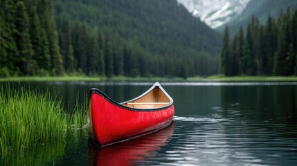 Fototapeta premium Red canoe on calm mountain lake, serene nature