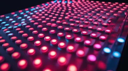 Fototapeta premium A futuristic close-up view of an LED panel illuminated with vibrant pink and blue lights. The pattern of glowing buttons creates a mesmerizing visual effect, representing advancements in modern light