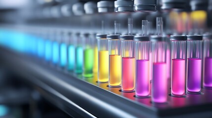 Hightech laboratory with glowing liquidfilled test tubes representing pharmaceutical innovation