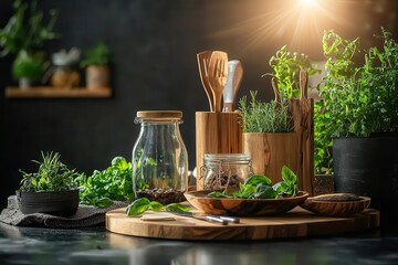 handcrafted goods display. Fresh herbs and kitchen tools arranged on a countertop with natural light.