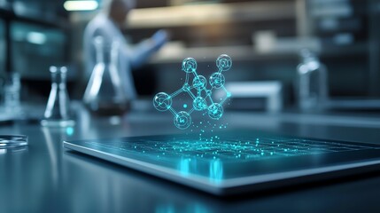 Holographic display of the periodic table in a dimly lit lab, with a scientist analyzing a floating chemical compound model