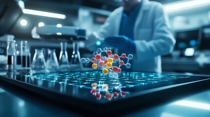 Holographic display of the periodic table in a dimly lit lab, with a scientist analyzing a floating chemical compound model