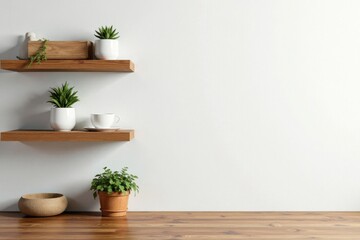 Fototapeta premium Rustic wooden shelves against a white backdrop, minimalist, home, wood shelves