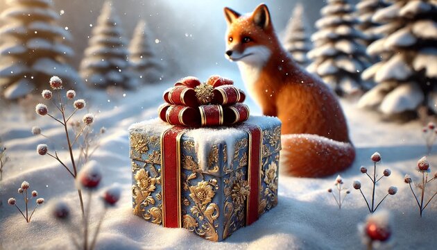 A gift box with a red fox sitting in winter photo illustration