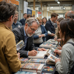 Author signing books at a literary event with engaged audience