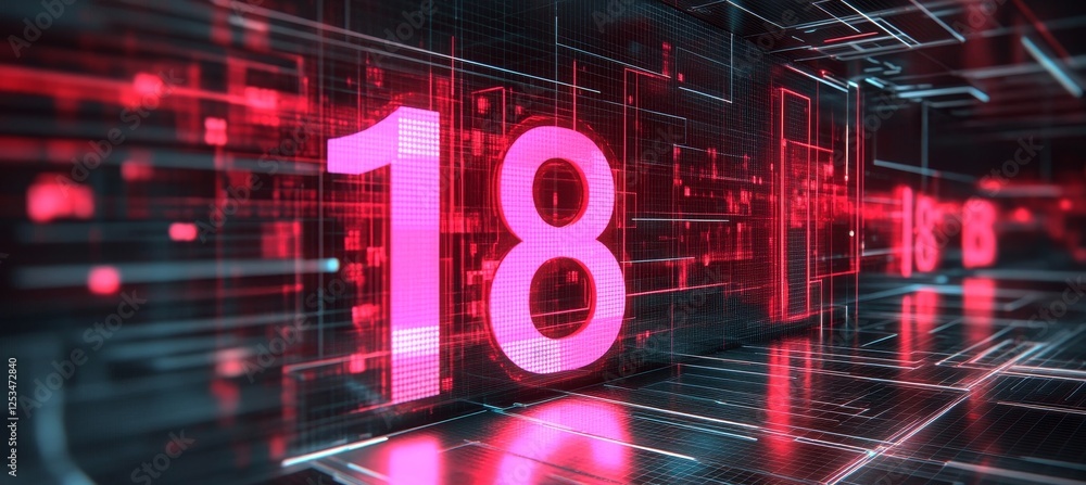 Aufkleber glowing digital futuristic number 18 on abstract technology background. big data numbers concept.