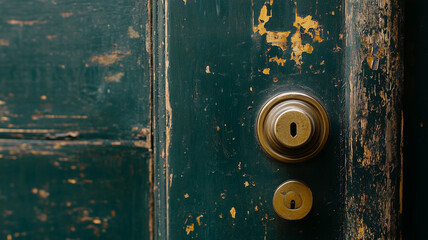 close up of vintage door with worn green paint finish, featuring brass doorknob and keyhole, evoking sense of nostalgia and history