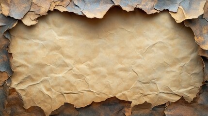 Fototapeta premium Torn edge of crumpled vintage parchment paper with texture and details visible in close-up