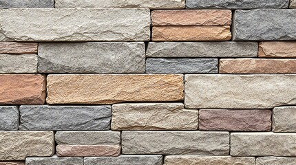 Close-up view of a textured stone wall with varied shades of beige, gray, and brown.
