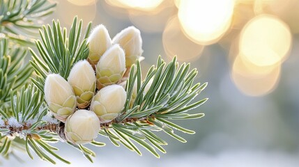 Frosty Pine Branch with Buds in Winter