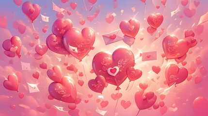 Romantic Pink Heart Balloons Floating in Sky Valentine s Day Love Concept