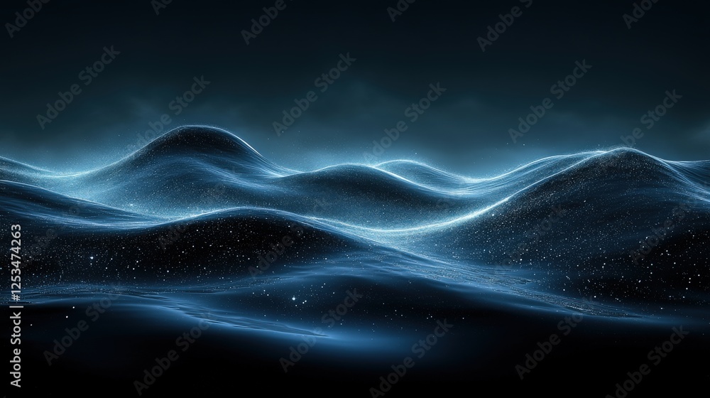 Poster dark blue wave with stars and clouds creating a moody background with glowing edges