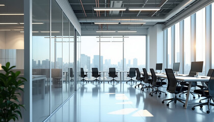 Modern Office Interior with City View. AI Generation.