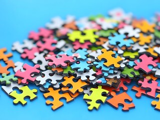 Colorful Puzzle Pieces Scattered on Blue Background