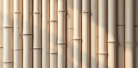 Fototapeta premium Smooth, pale bamboo poles arranged horizontally, exhibiting subtle shadows , art, design