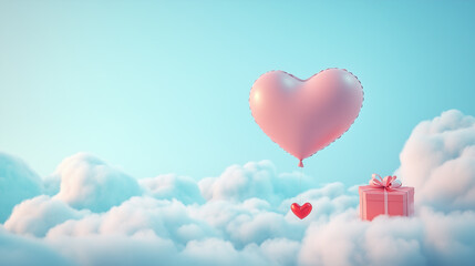 Fototapeta premium Floating heart balloon with a gift box under soft clouds-3