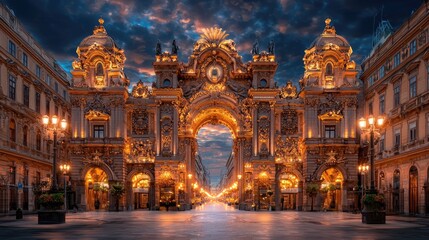 Fototapeta premium Ornate Archway at Dusk, City Streets, Golden Architecture, Evening Scene, Tourist Destination, Background Cityscapes, Potential Stock Photo