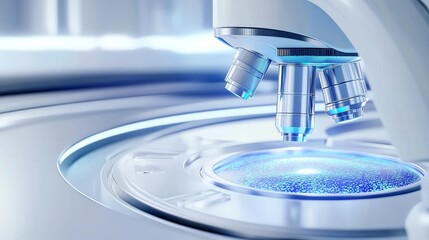 Smart diagnostic microscope scanning skin cells for early signs of disease in a futuristic lab setting