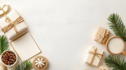handcrafted goods display. Festive scene with gifts, greenery, and a blank notepad for notes.