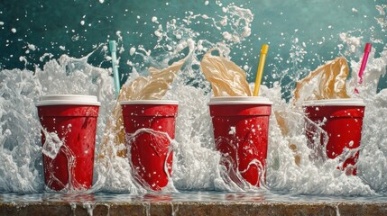 Four red cups filled with drinks, splashing with water, on a wet surface.
