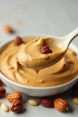 Spoonful of creamy peanut butter with mixed nuts, close up, texture, protein