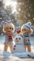 there are two teddy bears that are standing next to a snowman