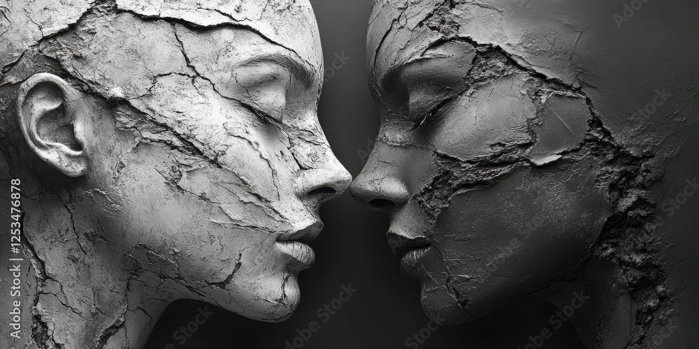 Poster two clay faces with distinct emotional expressions displaying artistic creativity and craftsmanship