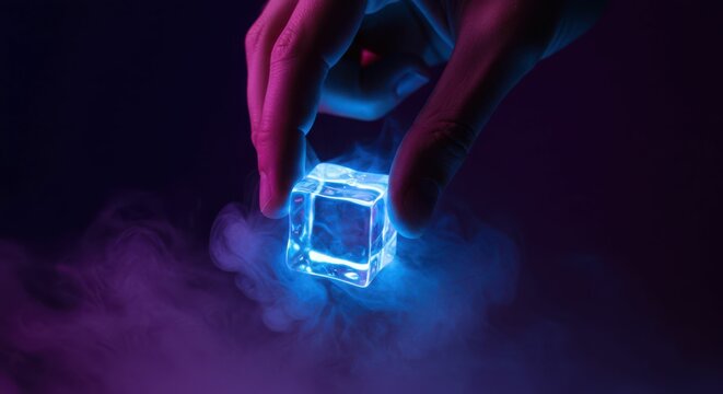 Hand holding glowing ice cube amidst mist in mysterious neon lighting