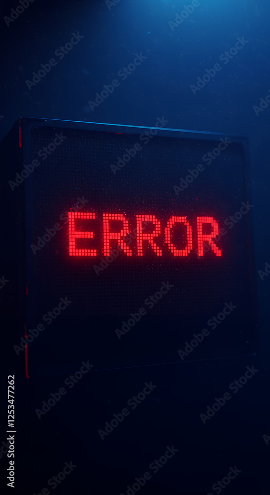 Poster error message display: retro pixel art glitch, technology failure, red digital text on dark backgrou