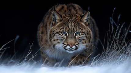 Obraz premium Lynx walking through snow at night in a dark winter wilderness landscape