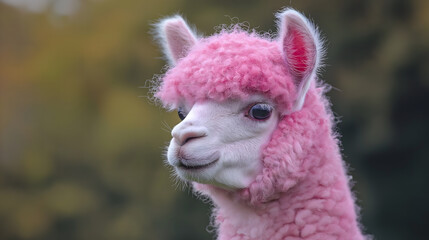 Obraz premium Adorable pink alpaca in a dreamy floral landscape