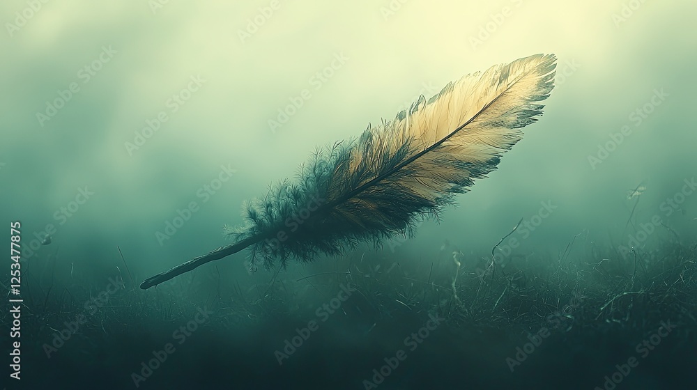 Poster feather gently floating in soft mist above the ground in a serene and tranquil environment