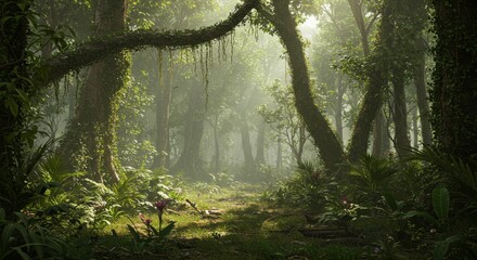 Obraz premium Misty Jungle Path with Lush Greenery and Dense Tree Coverage