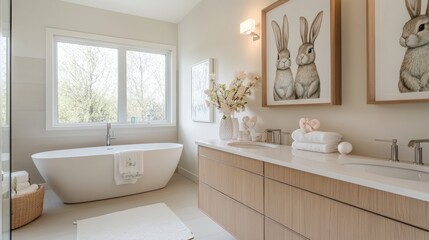 Fototapeta premium Easter Elegance in a Modern Bathroom: Pastel Towels, Bunny Art, and Floral Decor