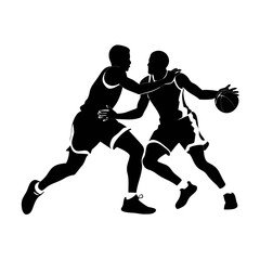 Two basketball players intensely competing for the ball in a dynamic silhouette illustration