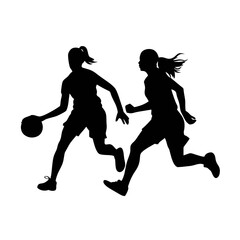 Fototapeta premium Silhouette of two female basketball players in action dribbling and running