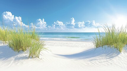 Sunny Beach Scene With Lush Green Plants And Light Blue Sea