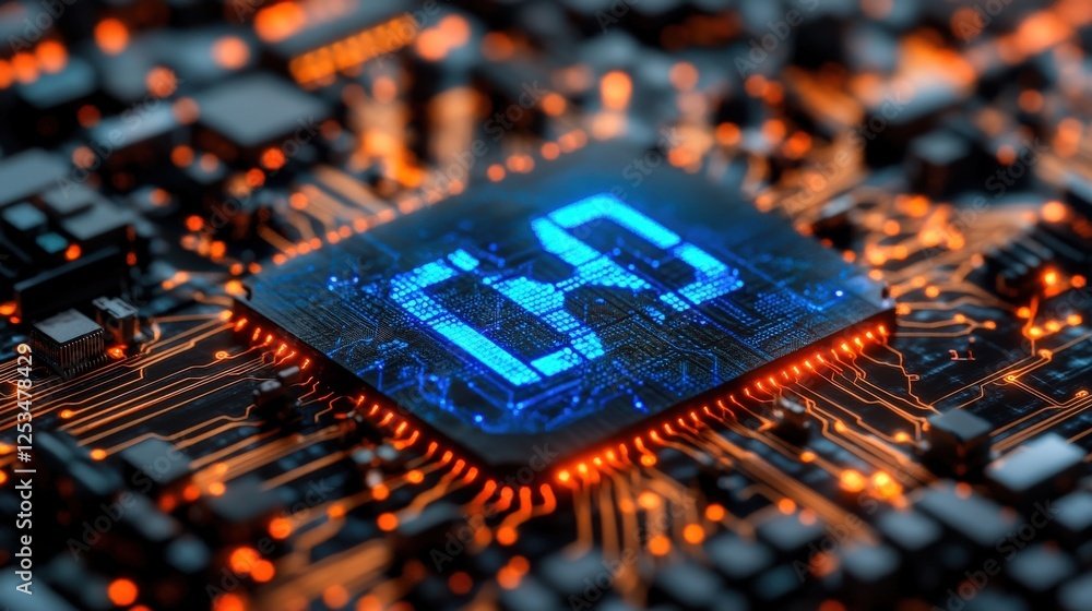Poster futuristic ai circuit board with glowing blue nodes and intricate circuit design details