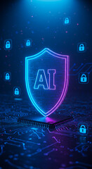 AI Security: Shielding Artificial Intelligence. Cyber Protection, Data Safety, Futuristic Technology, Digital Lock & Trust.