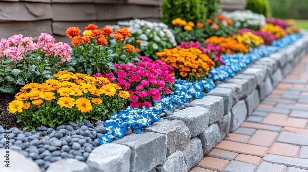 Poster row of colorful flowers in a garden setting with realistic photography and copy space