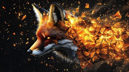 Artistic representation of a fox breaking apart with glowing golden fragments in a dark background