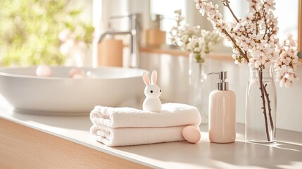 Serene Scandinavian Easter Bathroom with Neutral Tones and Bunny Decor