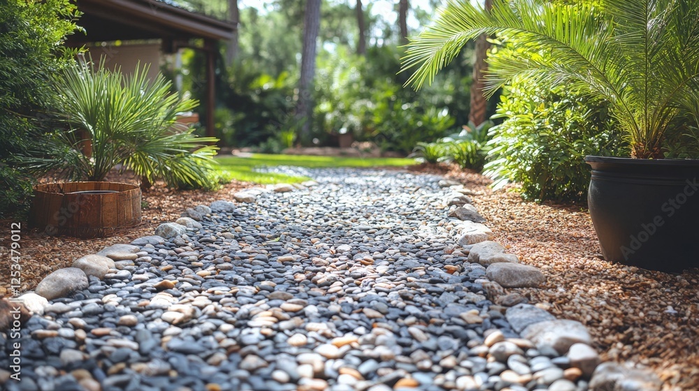 Poster gravel path surrounded by plants and rocks in a garden setting with copy space for text