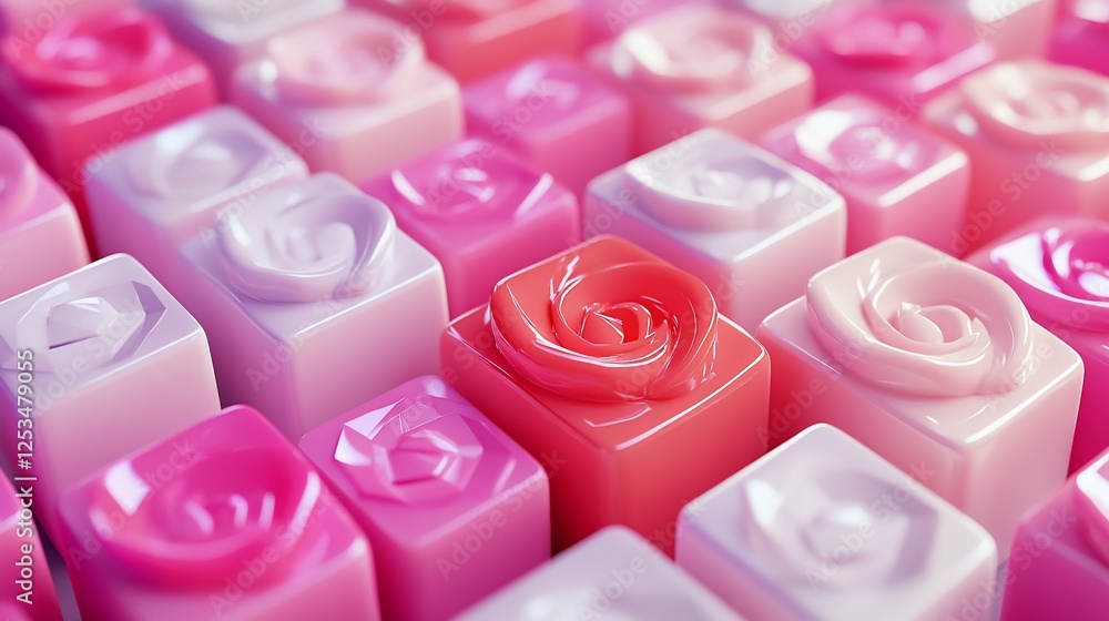 Poster a collection of pink and white cubes with rose shaped tops, creating an abstract pattern