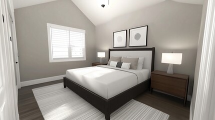 Bedroom interior design showcasing modern furniture and decor with a window and art